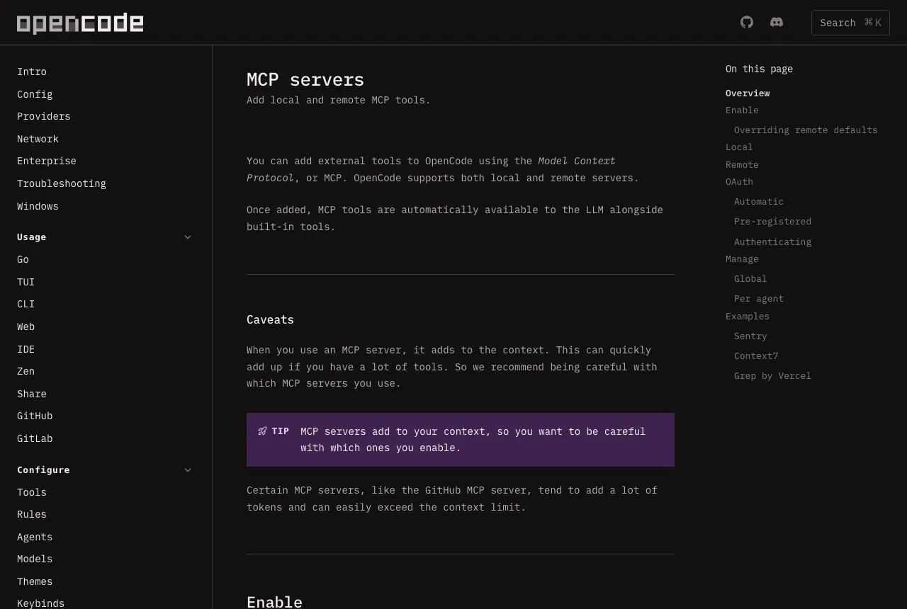 OpenCode MCP documentation showing remote server configuration