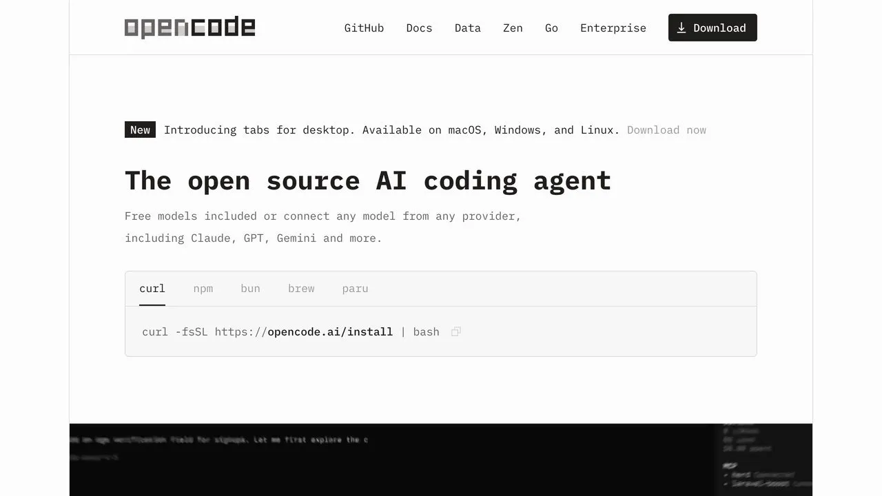 OpenCode open-source terminal agent homepage, model-agnostic and MCP-capable