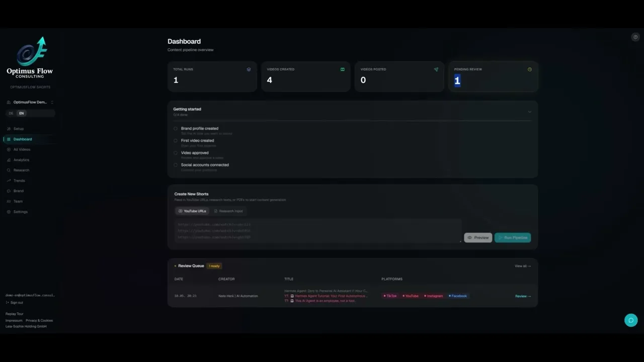 Optimus Flow dashboard showing total runs, videos created, videos posted, pending review, and a one-click pipeline to create new shorts from a YouTube URL.