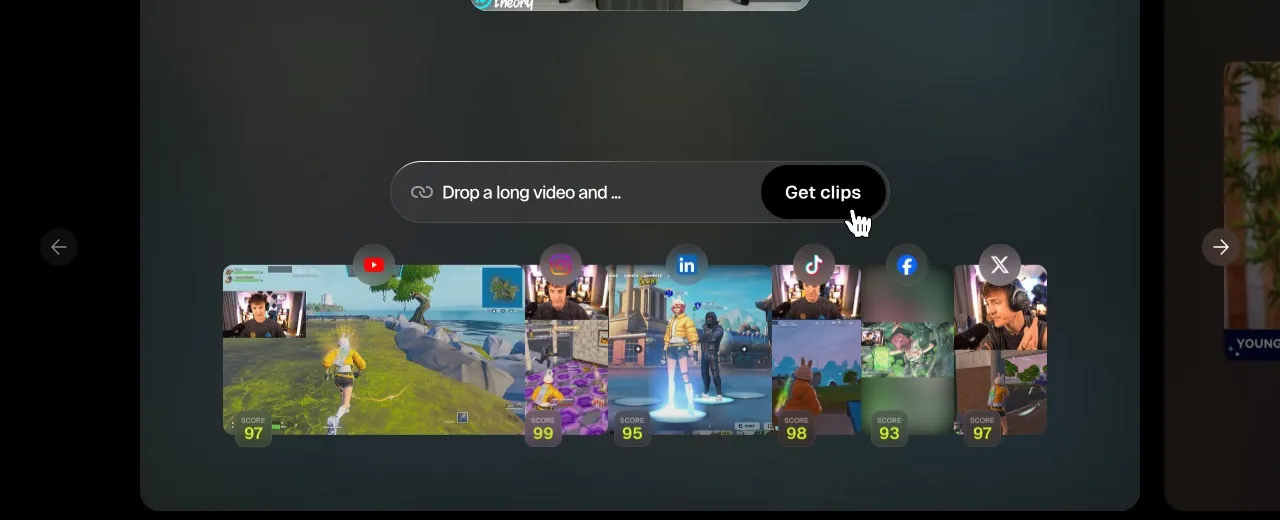 Opus Clip turning one long video into multiple ranked clips, each with a virality score and a target platform.