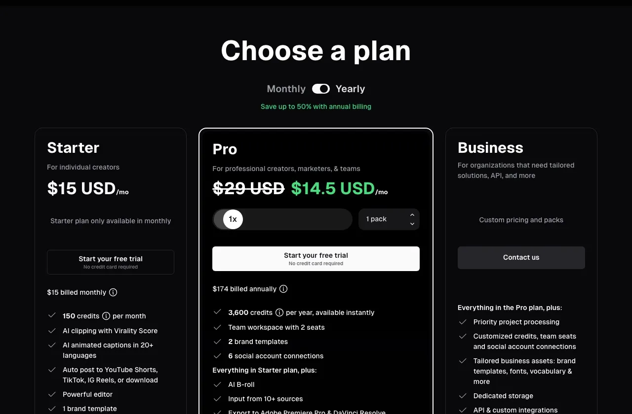 Opus Clip pricing page: Starter at $15/mo for 150 minutes, Pro at $29/mo for 300 minutes, and Business on custom pricing, plus a Free plan with 60 minutes per month.