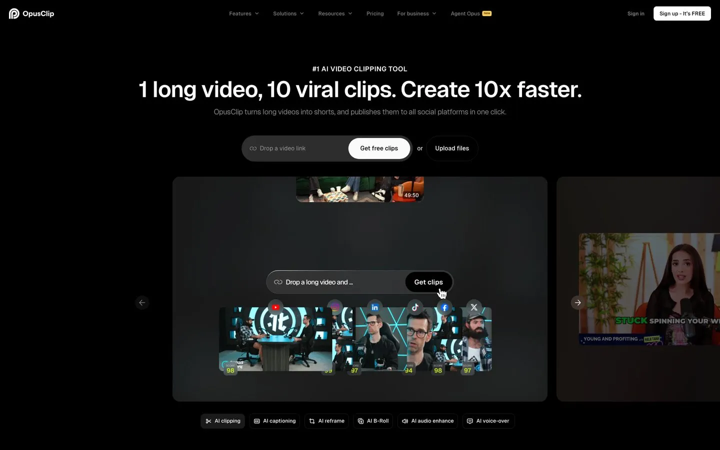 Best AI social media tools for creators - Opus Clip turning one long video into multiple short clips with virality scores