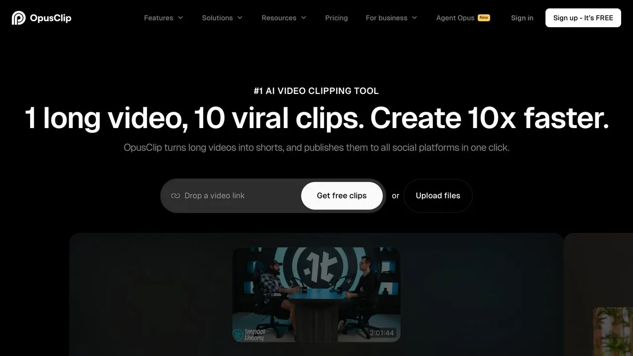 Opus Clip AI short-form video creation interface