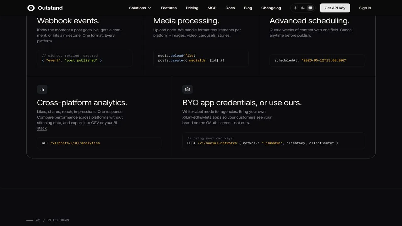 SocialAPI alternatives: Outstand feature panels showing webhooks and scheduling