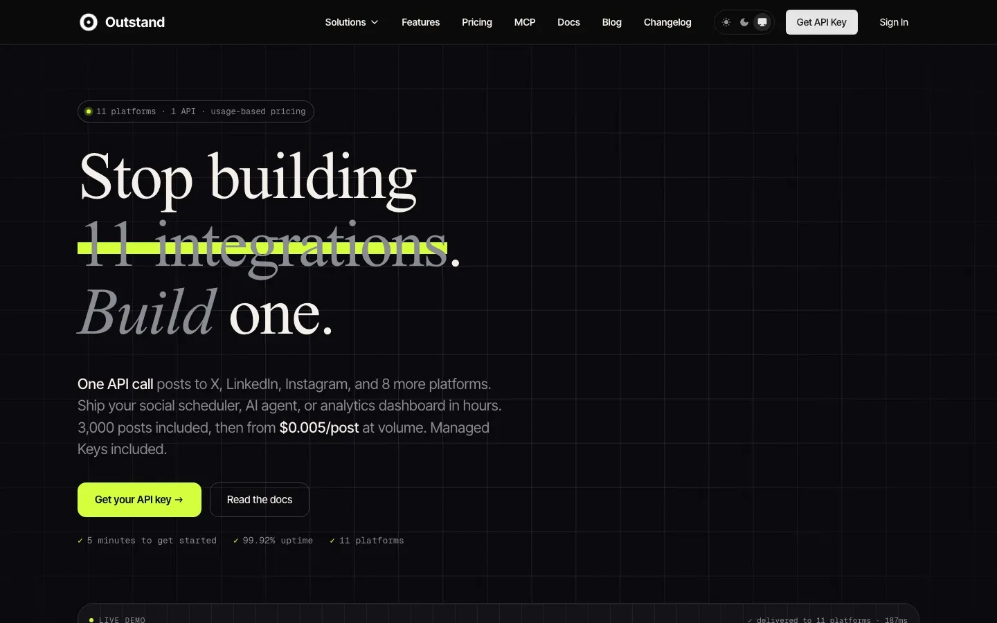 Outstand unified social media API homepage showing one API call to 11 platforms