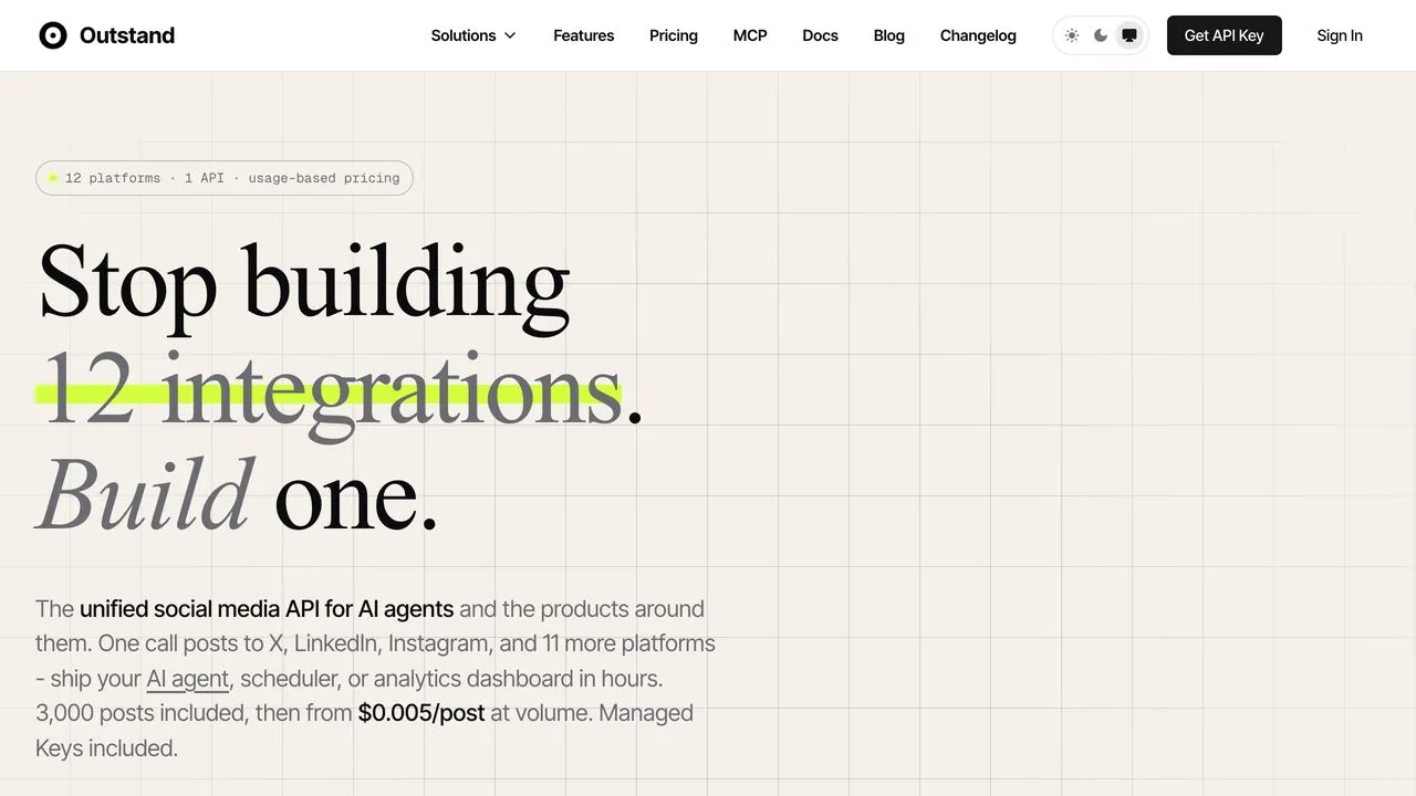 Outstand unified social media API for AI agents covering 12 platforms with usage-based pricing