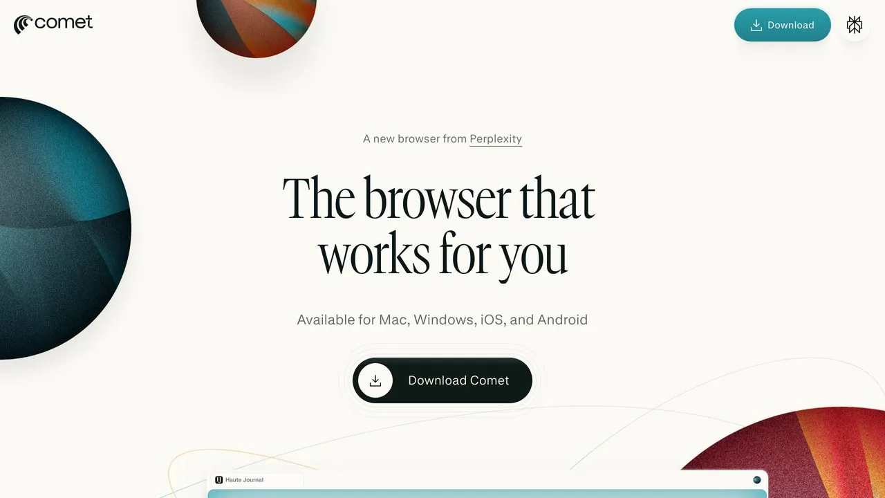 Perplexity Comet agentic browser homepage, available on Mac, Windows, iOS, and Android