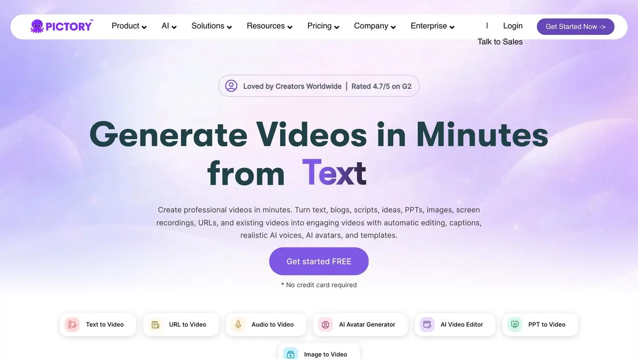 Pictory homepage showing script and blog post to video conversion