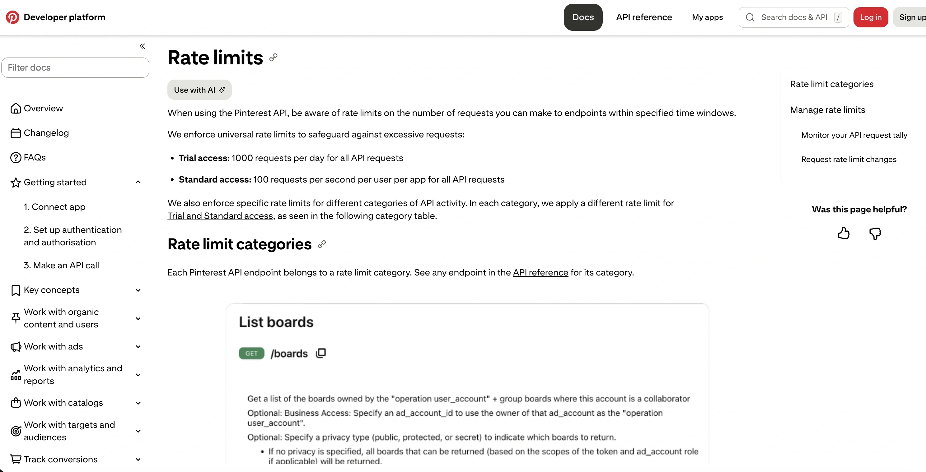 Pinterest API rate limits page on the Pinterest Developer Portal showing per-category caps for Trial access (mostly 1,000 requests per day per app, with ads_write and org_write dropping to 300/day) alongside per-minute Standard limits (ads_read 1,000, ads_write 400, ads_analytics 300, advanced_auction_write 25, ads_conversions 120,000 per ad account).