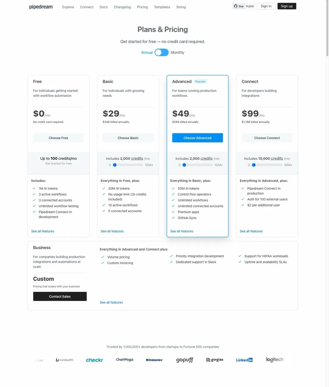 Zapier alternative Pipedream pricing showing Free, Basic, Advanced, and Connect plans