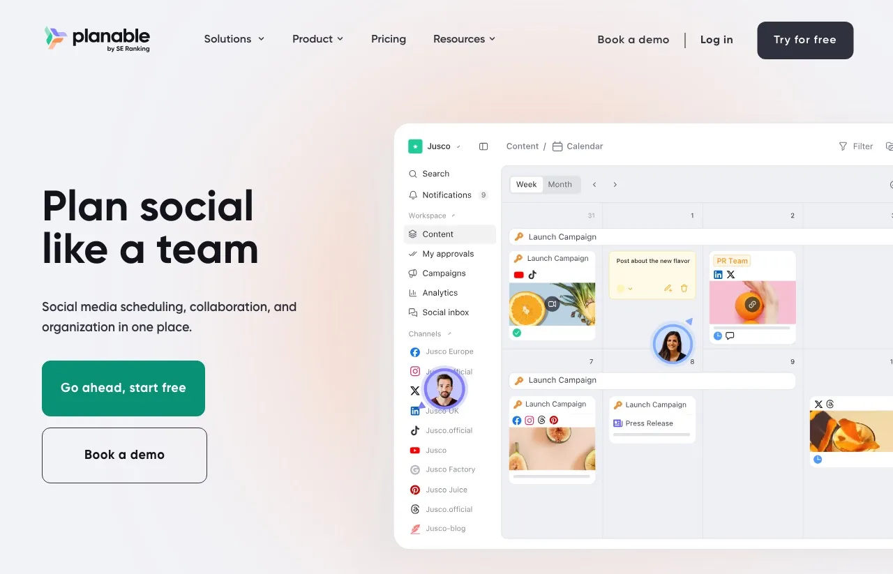 Planable's homepage showing a team content calendar with posts, approvals, and channels in one workspace, under the headline "Plan social like a team."