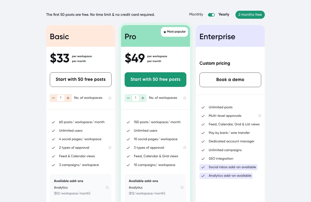 Planable's pricing: Basic at $33 per workspace, Pro at $49 per workspace, and custom Enterprise, with analytics and social inbox as paid add-ons.