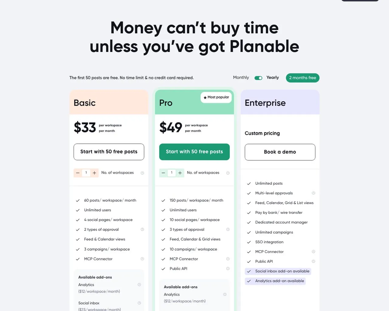 Loomly alternative Planable pricing page showing Basic and Pro workspace plans