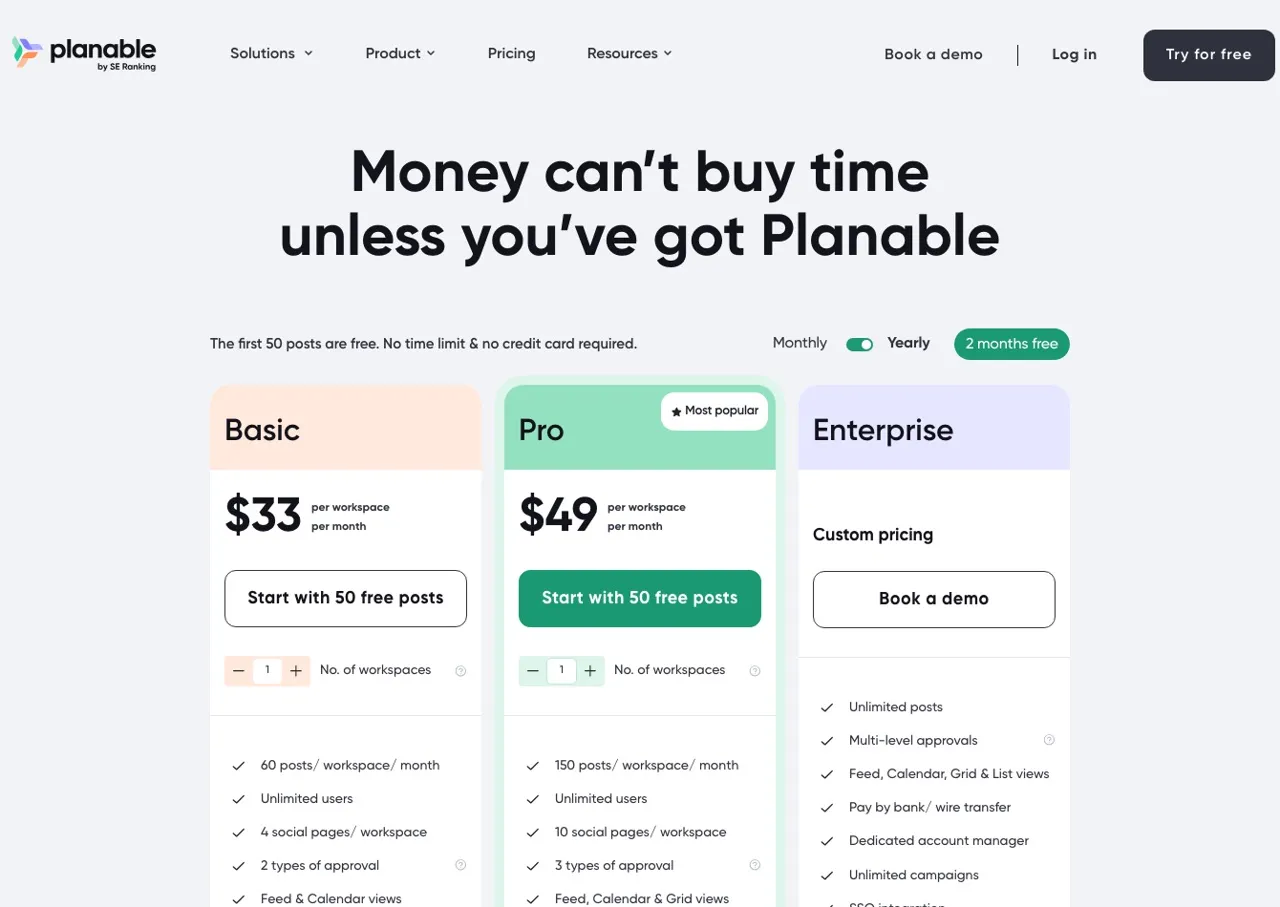 Best Sendible alternatives: Planable pricing page showing Basic, Pro, and Enterprise workspace plans