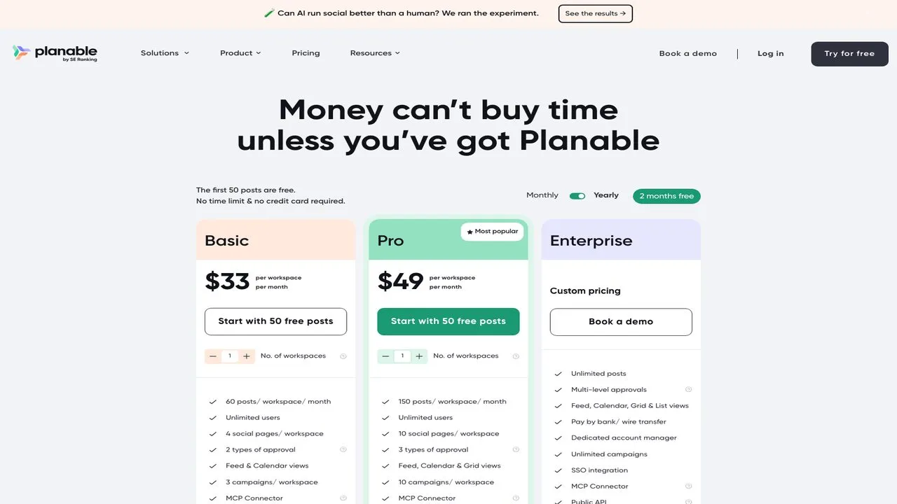Instagram automation tools: Planable pricing page showing Basic and Pro workspace plans