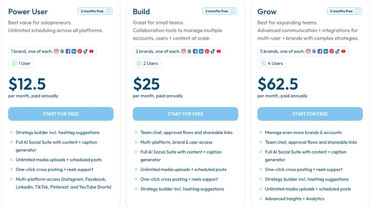 Planoly alternatives Plann pricing page with Power User, Build and Grow plans