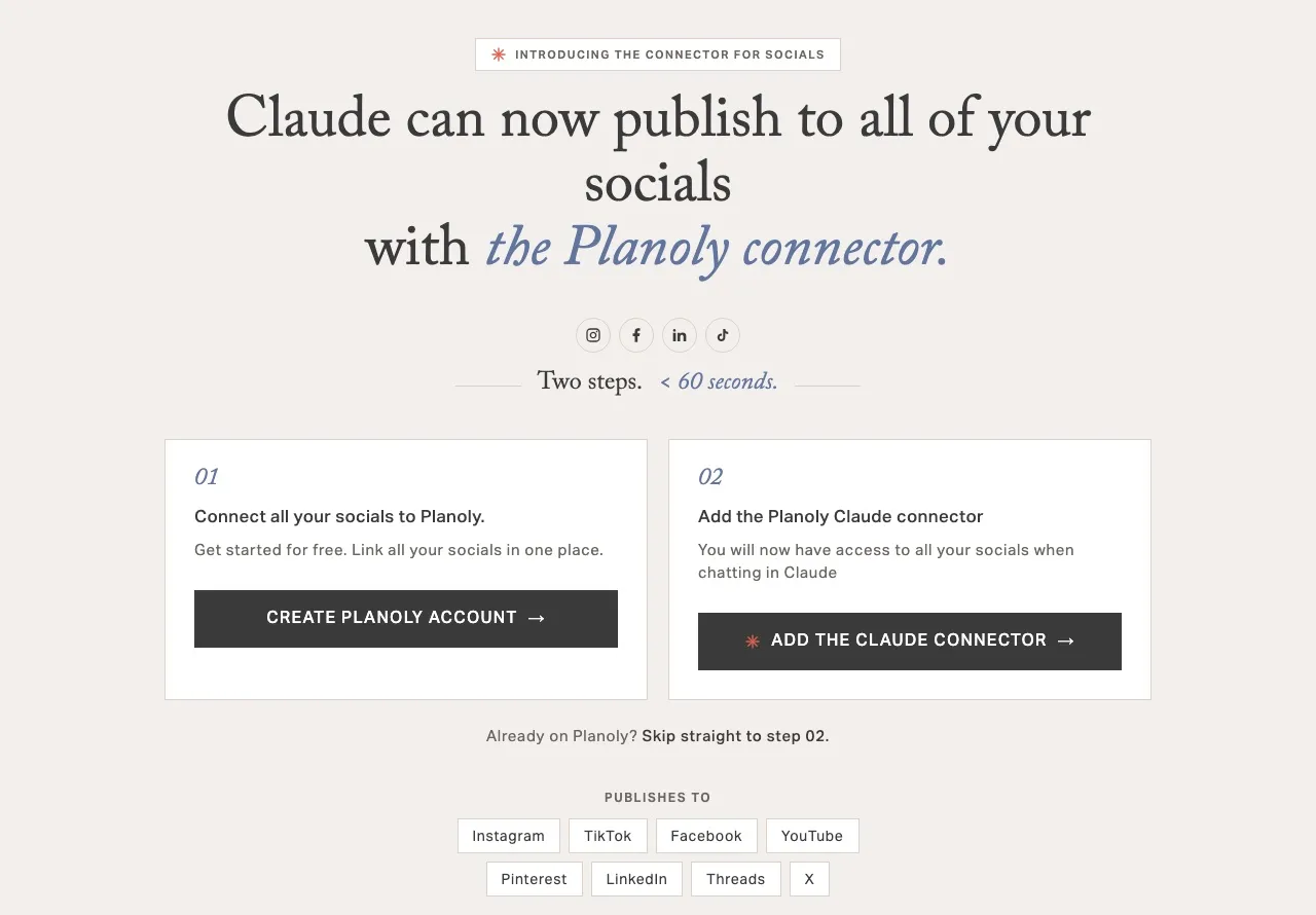 Planoly's connector page, which says Claude can now publish to all of your socials with the Planoly connector and lists eight networks, X included.