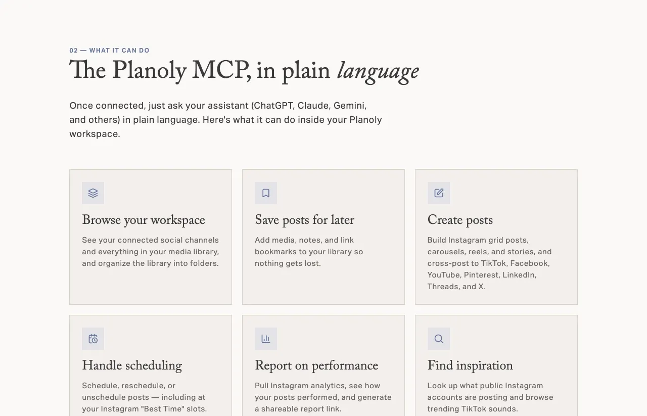 Planoly's plain-language MCP overview: browse your workspace, save posts, create posts, handle scheduling, report on Instagram performance and find inspiration.