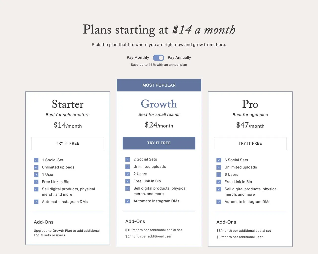Tailwind app alternative Planoly pricing page showing Starter, Growth and Pro plans