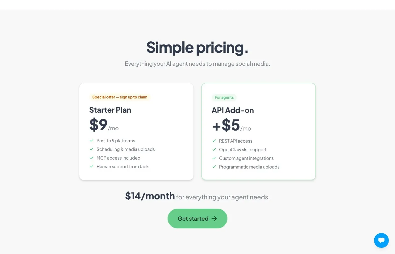 Post Bridge's agents page showing the $9 Starter plan with MCP access included and the $5 API add-on, totalled as $14 a month.