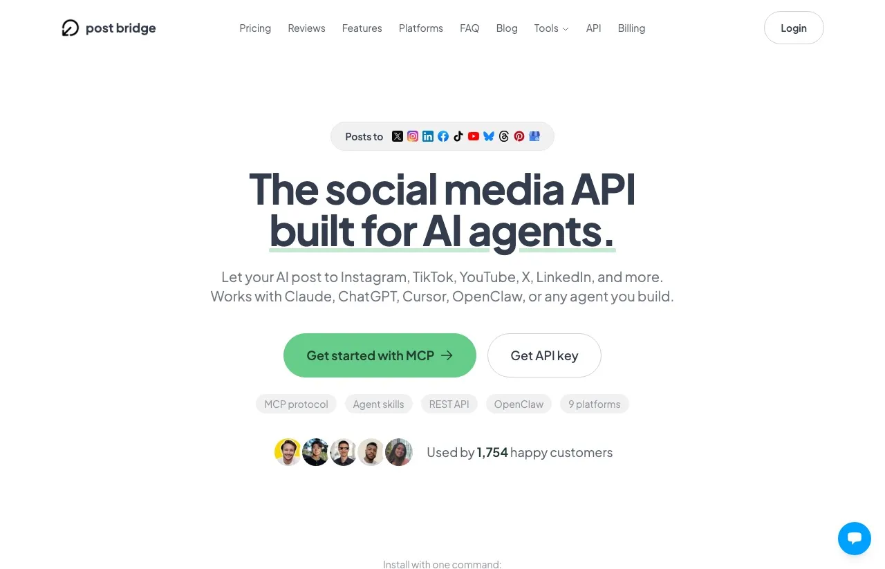Post Bridge's agents page: the social media API built for AI agents, listing MCP protocol, agent skills, REST API and OpenClaw support.
