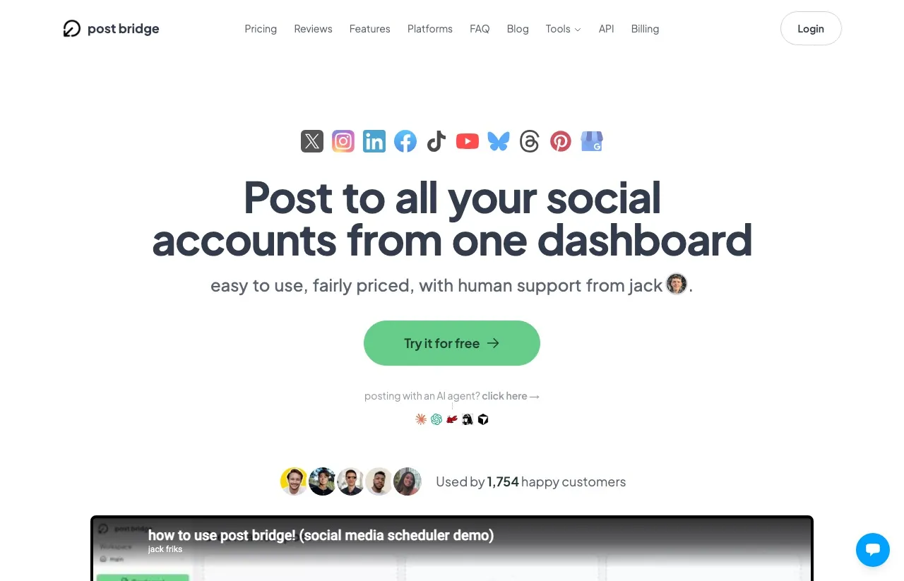 Post Bridge's homepage: post to all your social accounts from one dashboard, with nine platform icons and a live customer count.