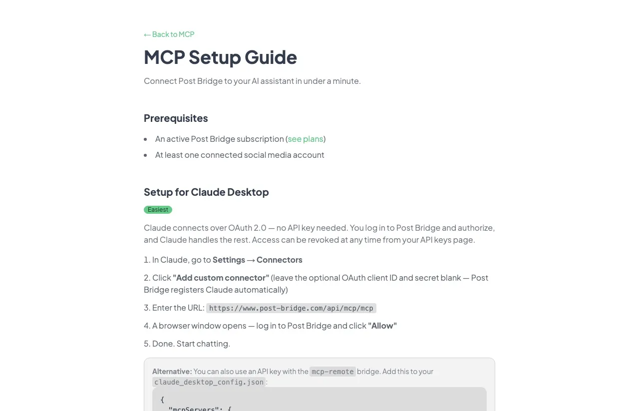 Post Bridge's MCP setup guide: Claude Desktop connects over OAuth 2.0 with no API key required.