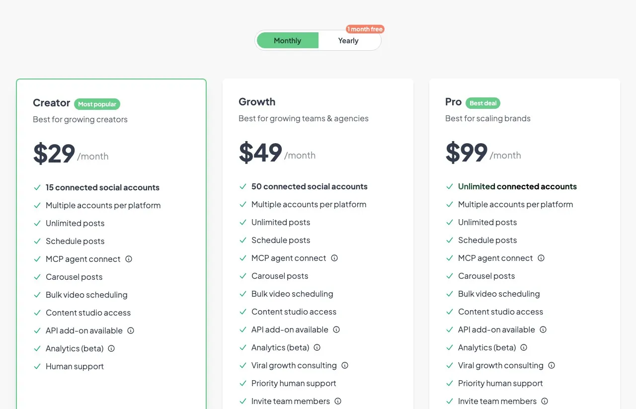 Post Bridge's pricing page showing Creator at $29 for 15 connected accounts, Growth at $49 for 50, and Pro at $99 for unlimited accounts.