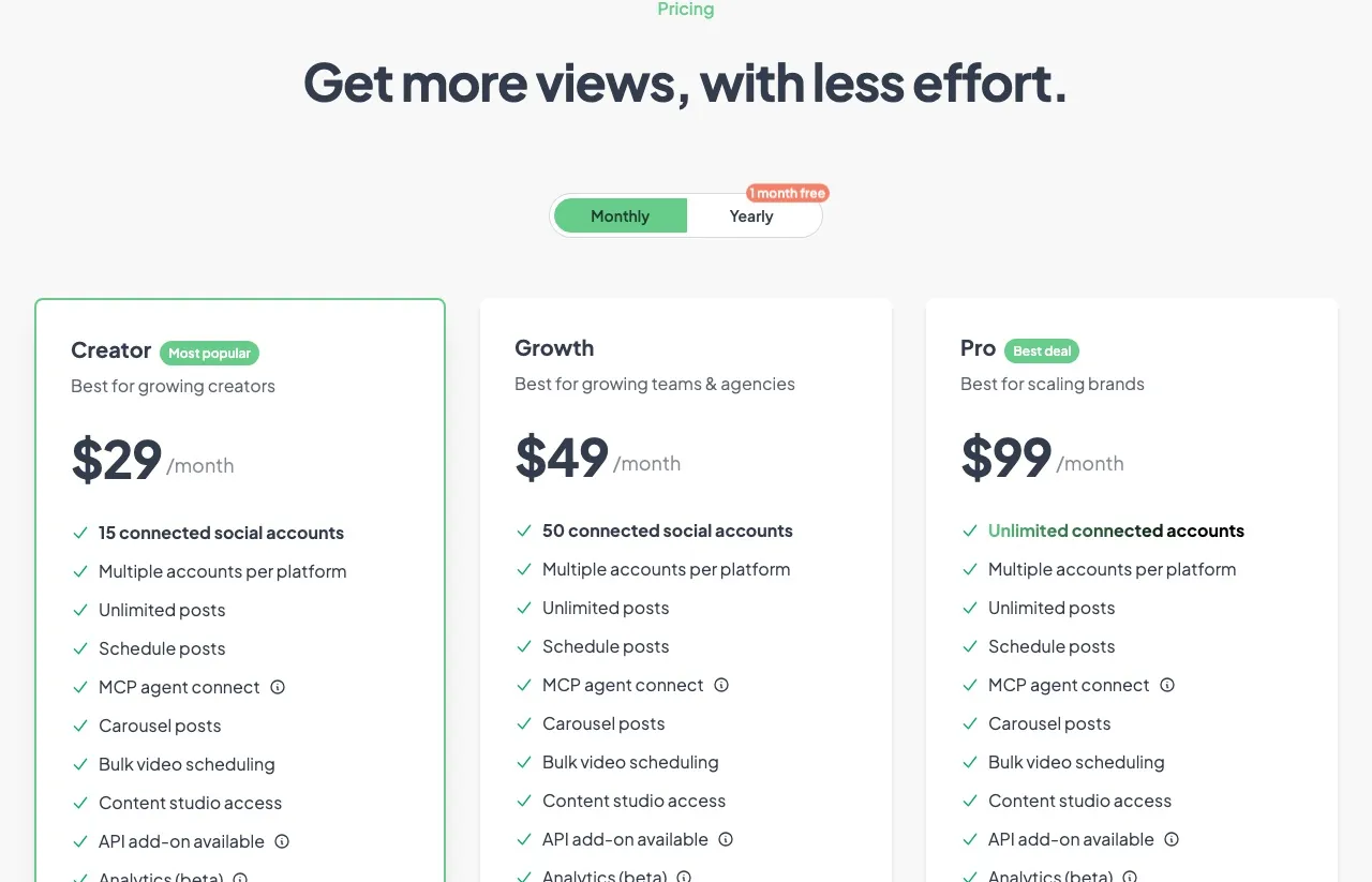Post Bridge's pricing page: Creator at $29 for 15 accounts, Growth at $49 for 50, and Pro at $99 for unlimited connected accounts.