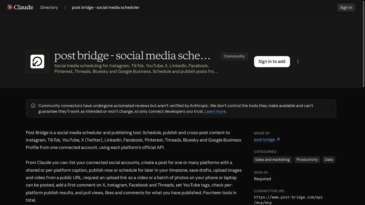 Best Claude connectors for social media: Post Bridge's Community listing in Claude's connector directory