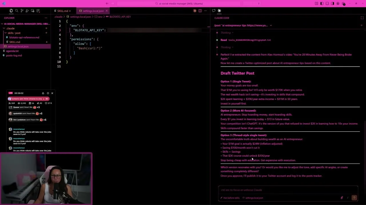 The post skill returning three distinct Twitter draft options generated from a source video, inside the Claude Code panel.