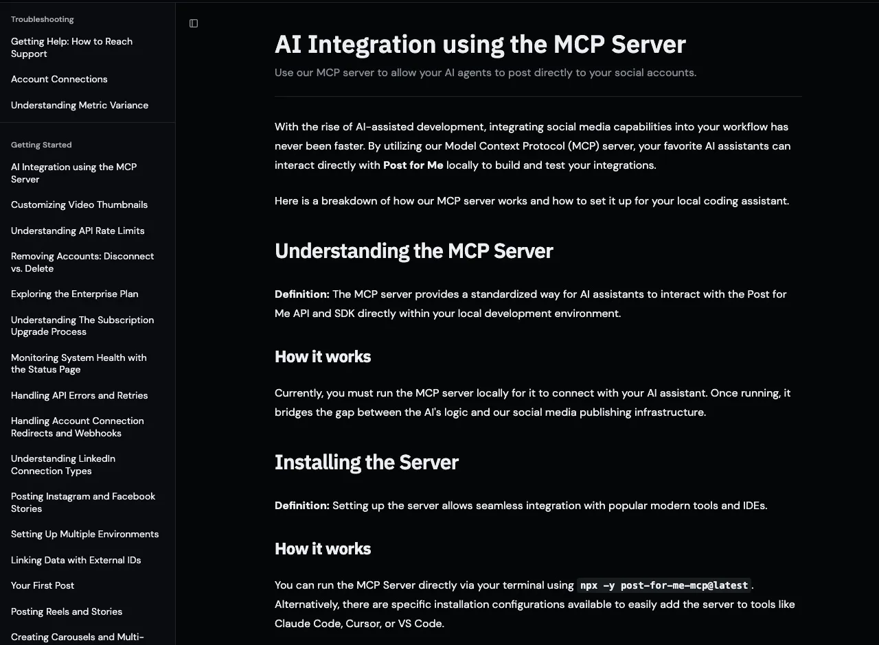 Post for Me's MCP server documentation showing local npx setup