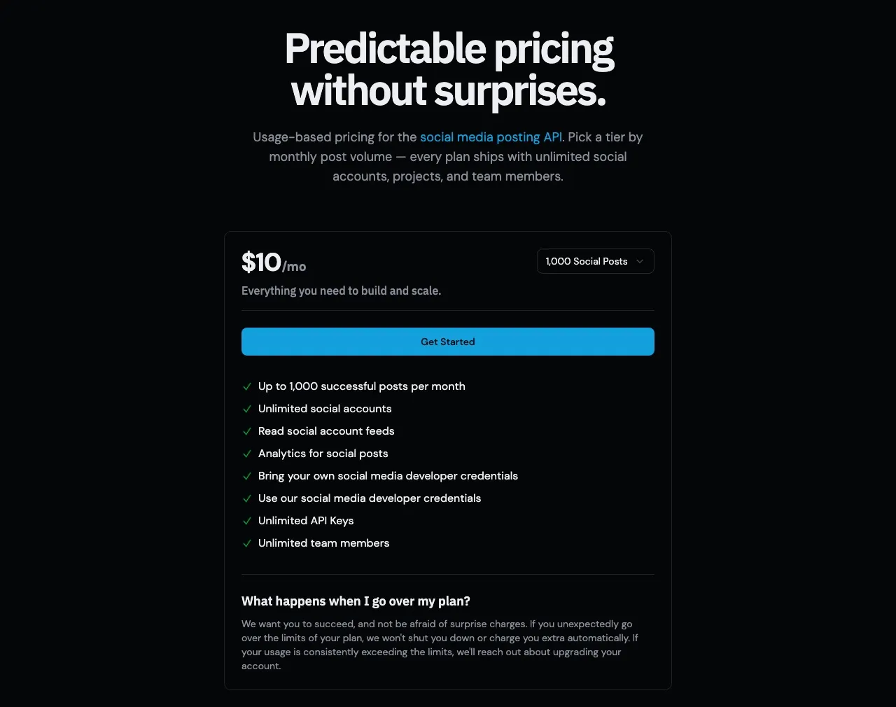 Post for Me pricing: $10 per month for 1,000 posts with unlimited social accounts