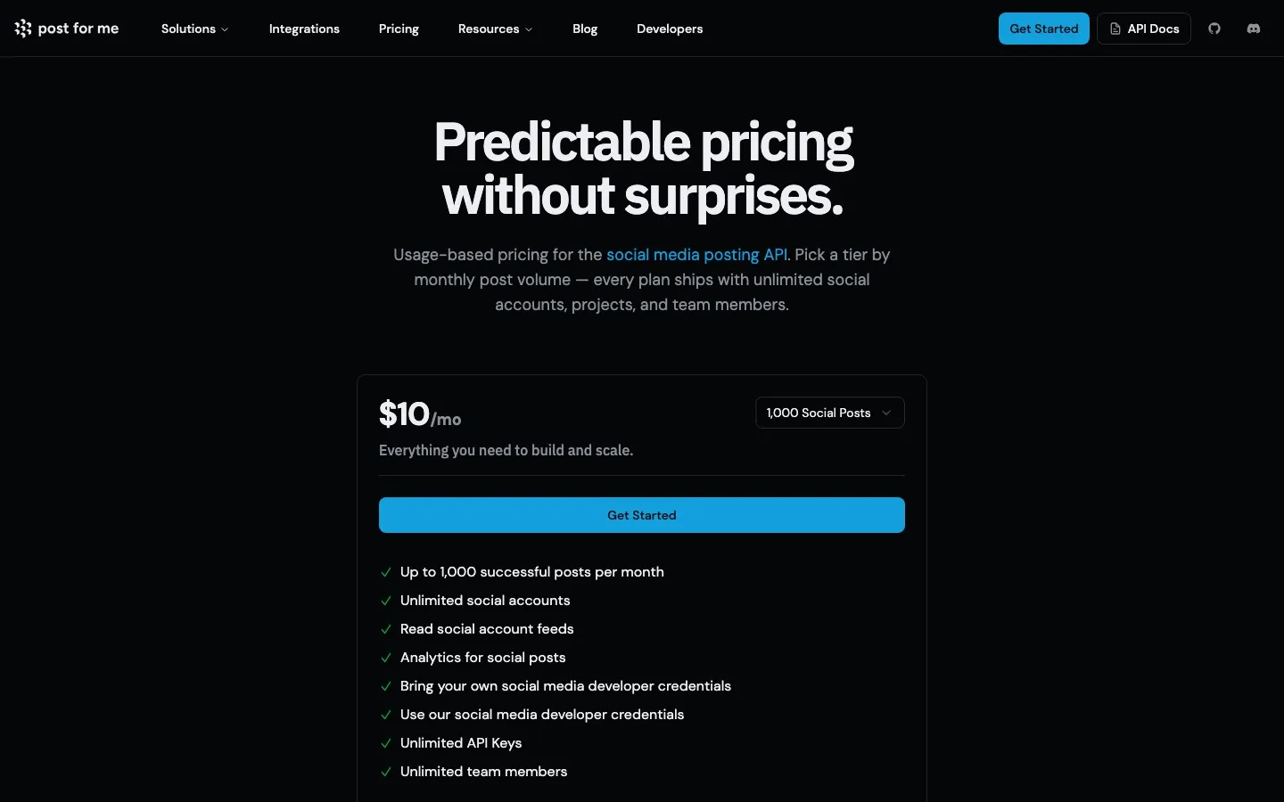 Post for Me predictable pricing page showing $10 per month for 1,000 social posts