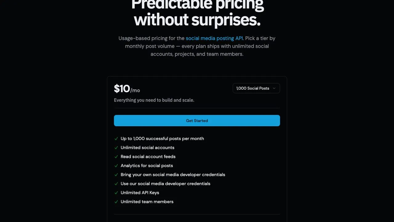 SocialAPI alternatives: Post for Me pricing showing $10 per month for 1,000 posts