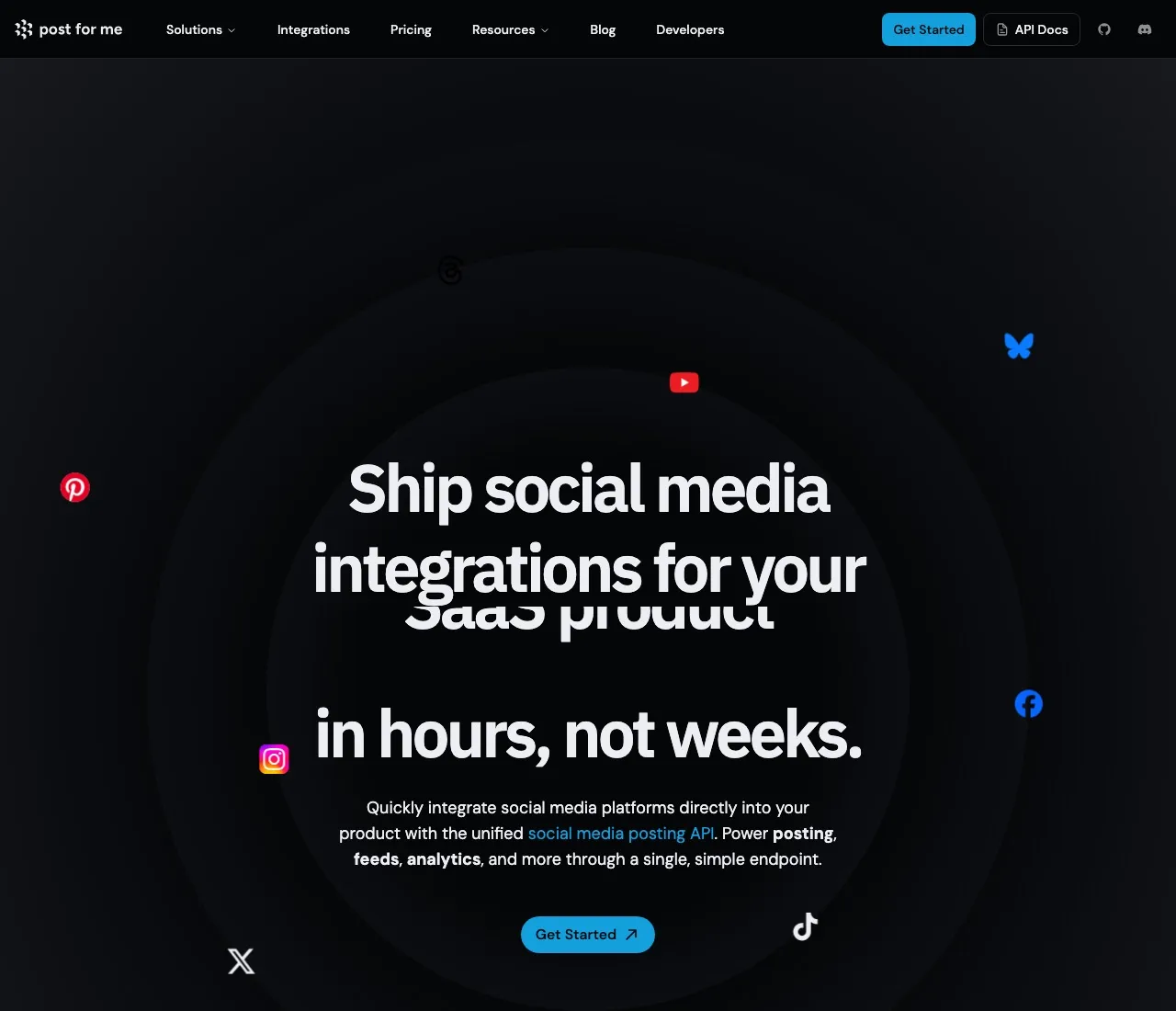 Post for Me homepage: ship social media integrations for your product in hours, not weeks