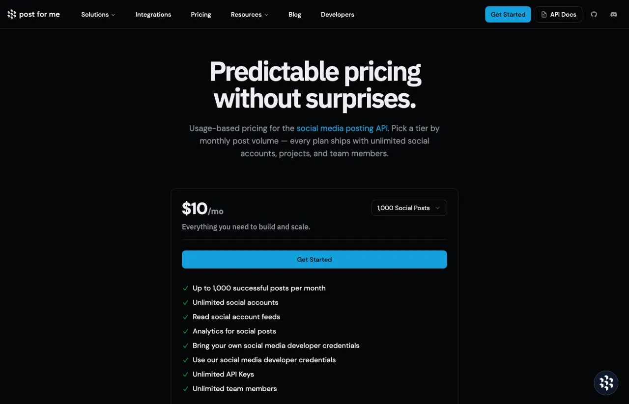 PostPulse alternative Post for Me pricing showing flat volume tiers with unlimited accounts