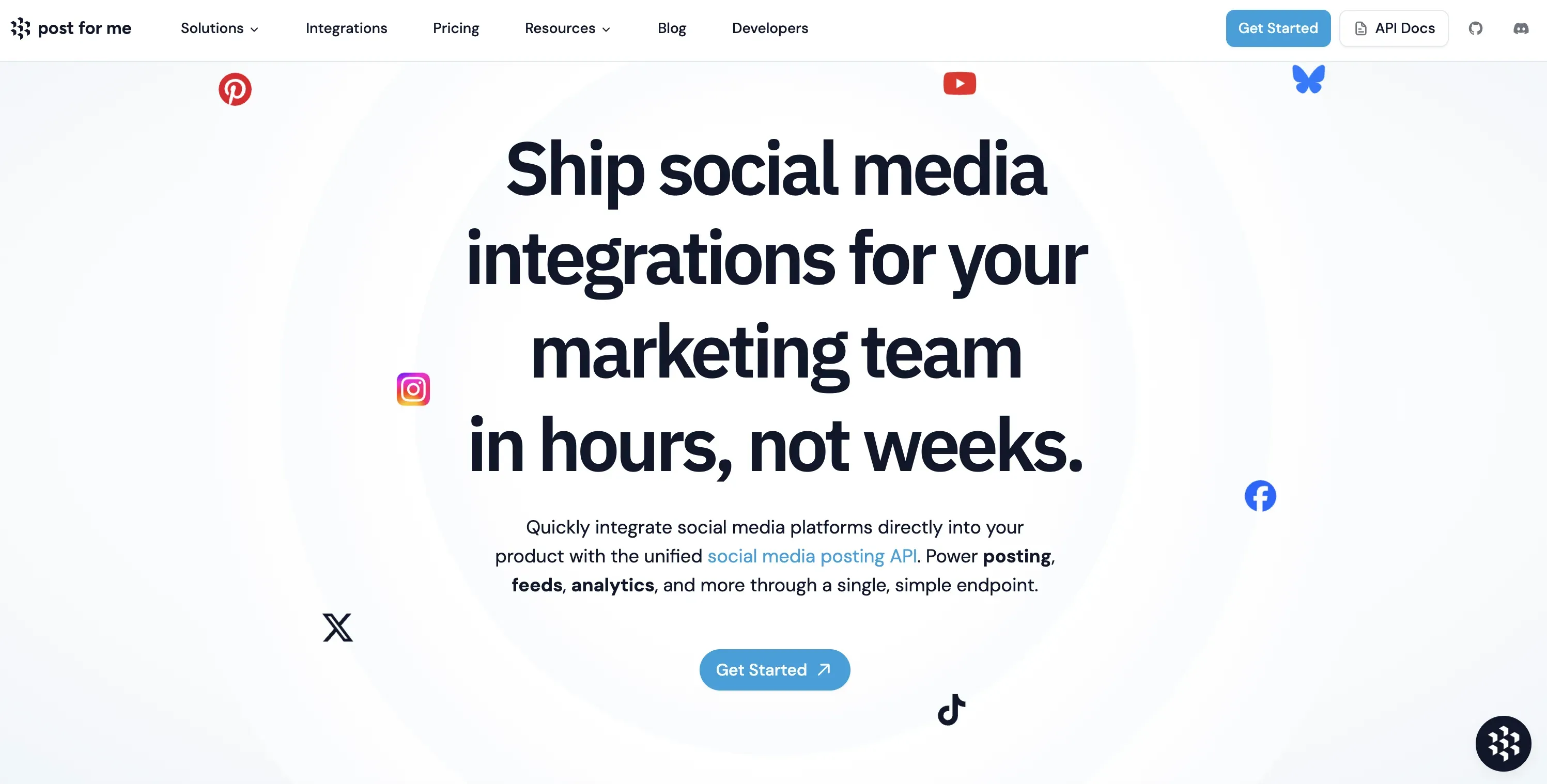 Post for Me homepage with its unified social media posting API for developers