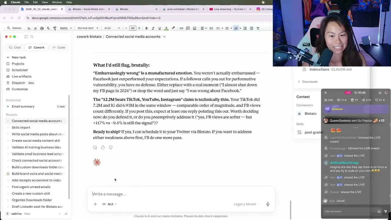 The post grader critiquing a draft inside Claude Cowork, with the Blotato connector and skills active in the sidebar.