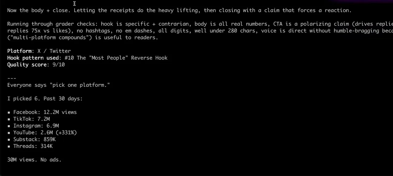 The post grader output in Claude Code showing three hook variations, the grader checks, and a final quality score of 9 out of 10 on a tweet listing 30M views across six platforms.