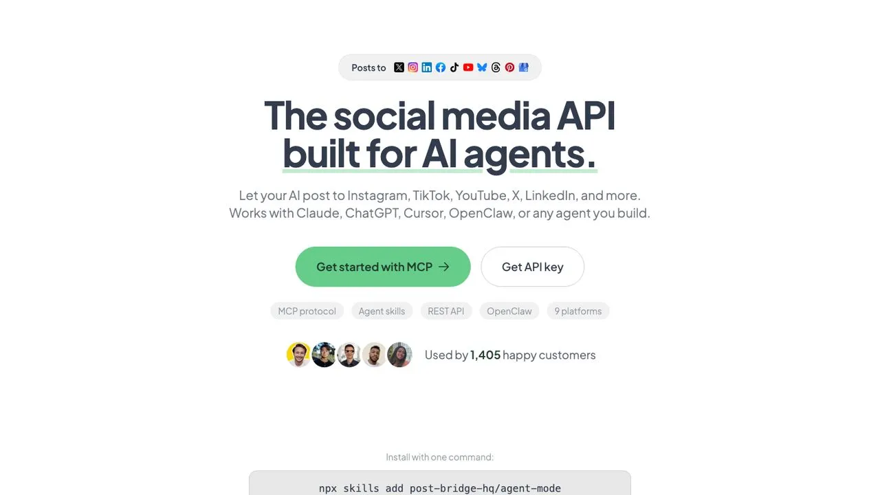 Post Bridge alternatives: the Post Bridge agents page showing MCP and API access