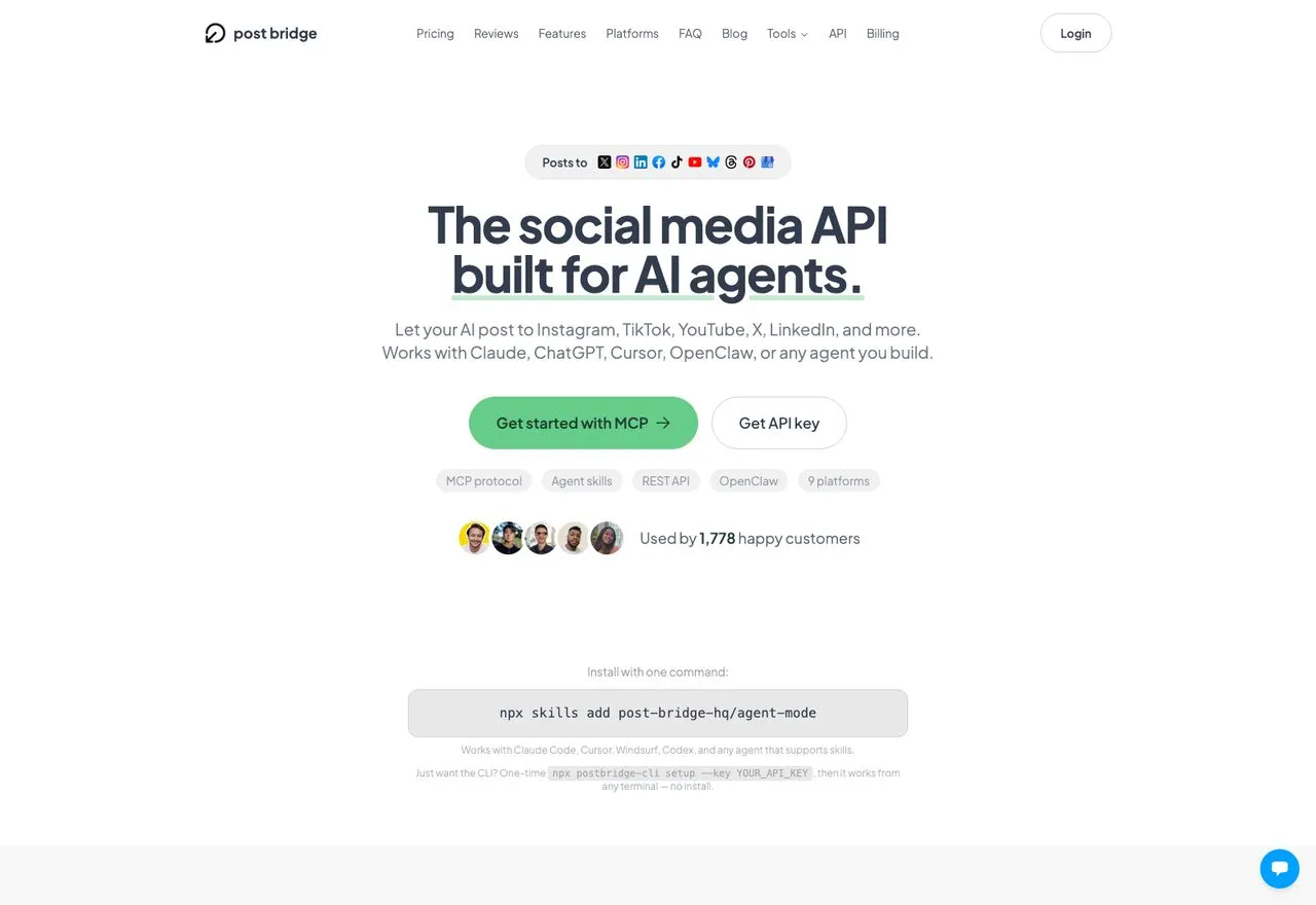 Post Bridge social media API for AI agents showing X and other supported platforms