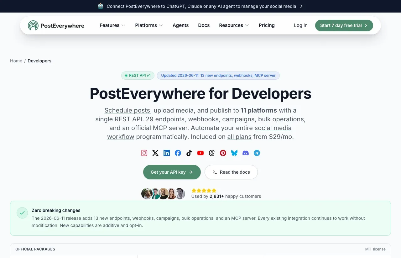 PostEverywhere's developer page showing its REST API, MCP server, Node SDK, and CLI, available starting on the Starter tier.