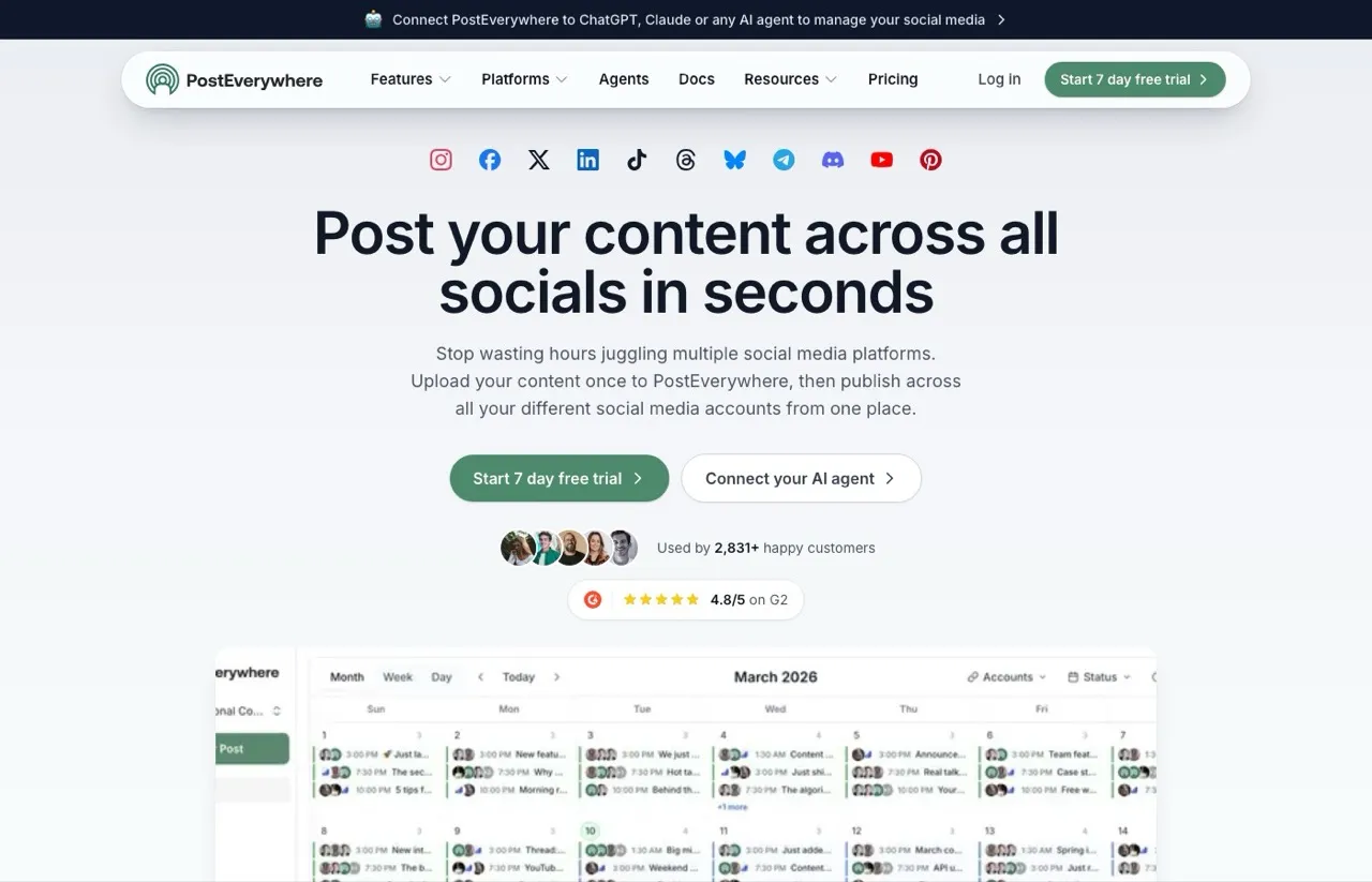 PostEverywhere's homepage showing AI-powered scheduling across 11 platforms with native ChatGPT, Claude, and Codex agent connections.