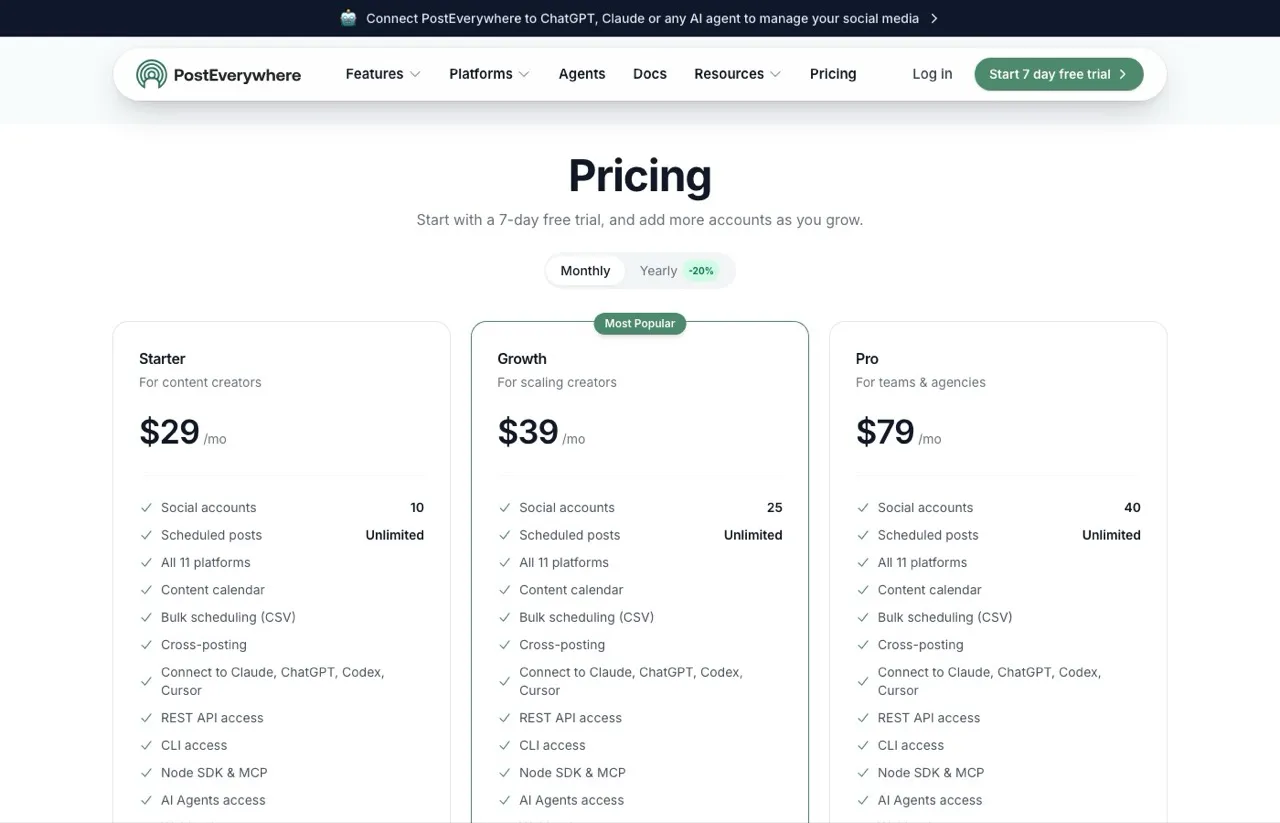 PostEverywhere's pricing page showing Starter at $29, Growth at $39, and Pro at $79, with AI credits and social accounts scaling together by tier.