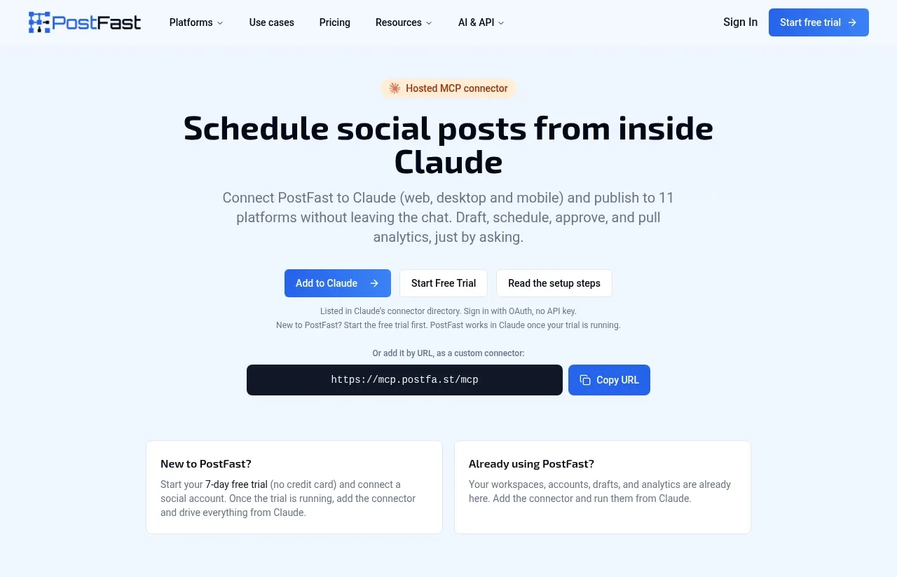 PostFast's Claude connector page, showing the hosted MCP URL and a note that the connector works once a PostFast trial or plan is running.