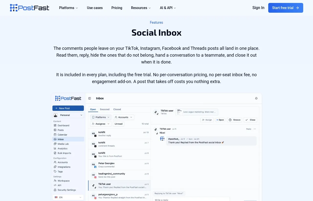 PostFast's Social Inbox page, showing comments from TikTok, Instagram, Facebook and Threads in one inbox on every plan, including the free trial.