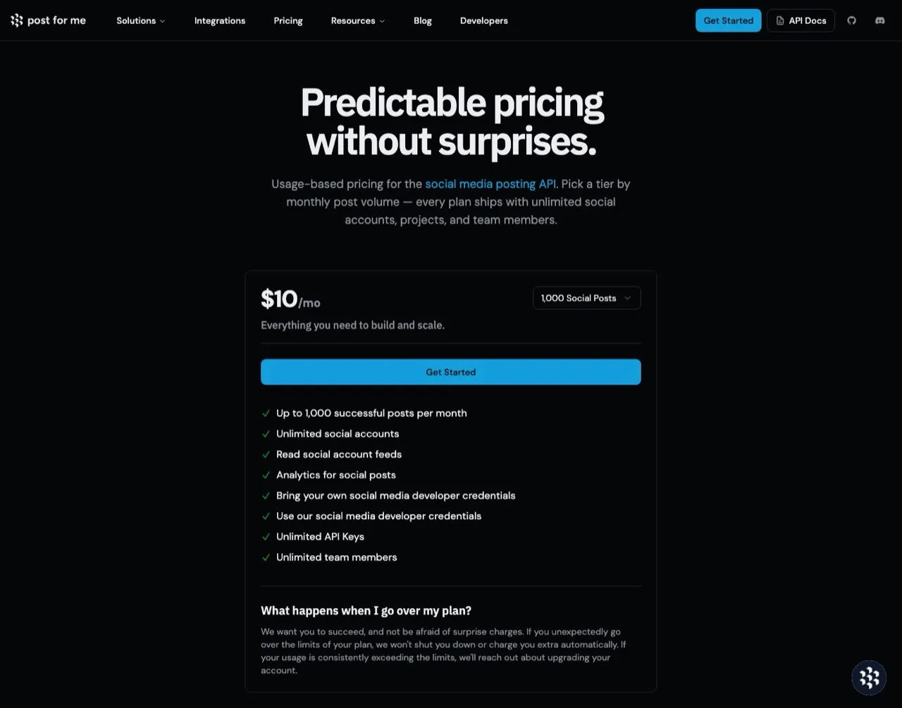 Bundle.social alternatives: Post for Me pricing showing $10 per month for 1,000 posts