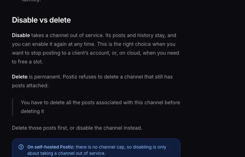 Postiz's channel docs comparing Disable and Delete: a disabled channel goes out of service while its posts and history stay.