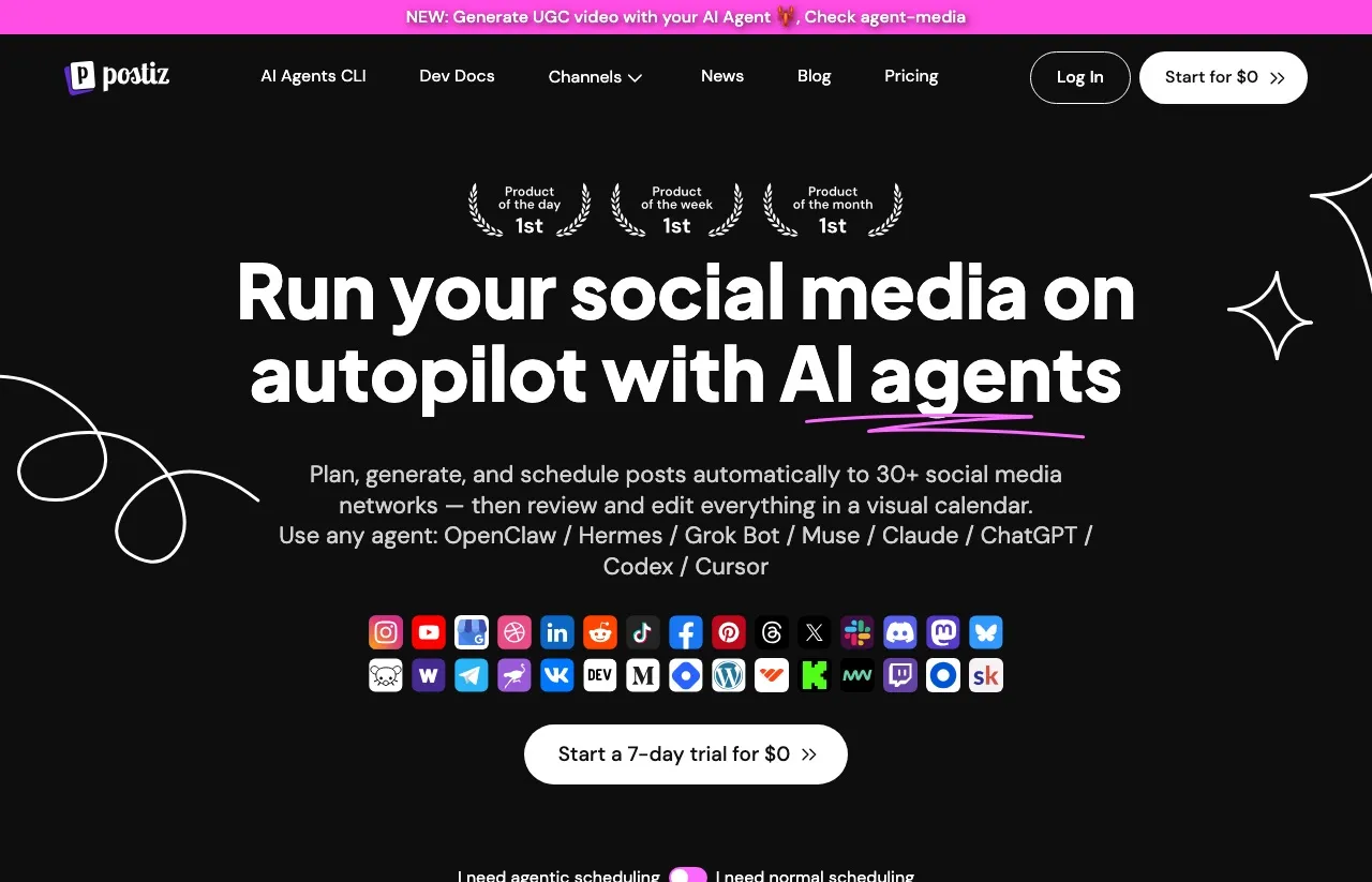 Postiz's homepage, which leads with running social media on autopilot with AI agents and names OpenClaw, Claude, ChatGPT, Codex and Cursor as supported clients.